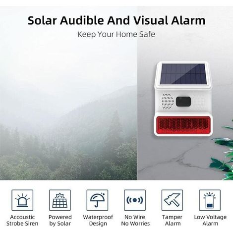 Kabellose 433-MHz-Solar-Außensirene mit 110 dB LED-Blinklicht. Kompatibel mit Alarmsystemen für Häuser, Bauernhöfe, Scheunen, Villen, Höfe und Gärten. (1/4)