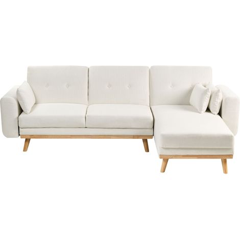 Left Hand Corner Sofa White Fabric Upholstered L-Shaped Tufted Cushioned Seat with Scatter Cushions and Sleeping Function KAARINA (1/5)