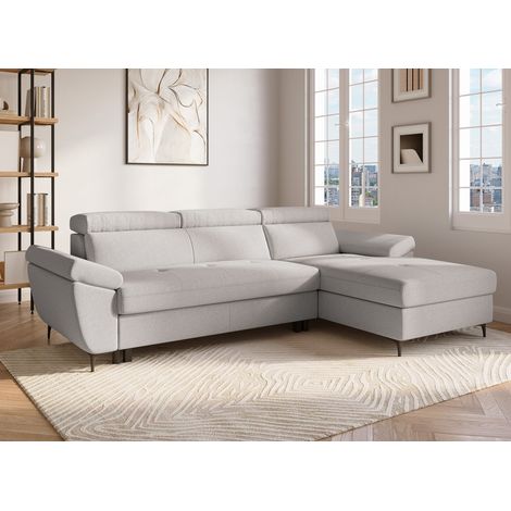Deco In Paris – Canapé d'angle convertible 255 cm en tissu beige – Couchage 120x190 cm – Coffre de rangement – Accoudoirs et têtières relevables (1/5)