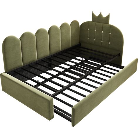 Cama nido de terciopelo verde 90x200 cm con cama auxiliar 90x190 cm, corona y rejilla (1/5)