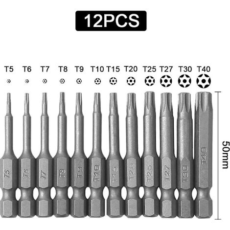 Jeu de 11 embouts de tournevis Torx à tête hexagonale magnétique de sécurité, extra longs, de 50 à 100 mm. (1/5)