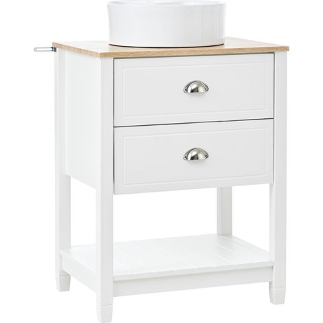 Mobile sottolavabo con 2 Cassetti e 1 Vano Aperto, Lavabo Rotondo in Ceramica, Bagno, in MDF, Bianco e Naturale (1/5)