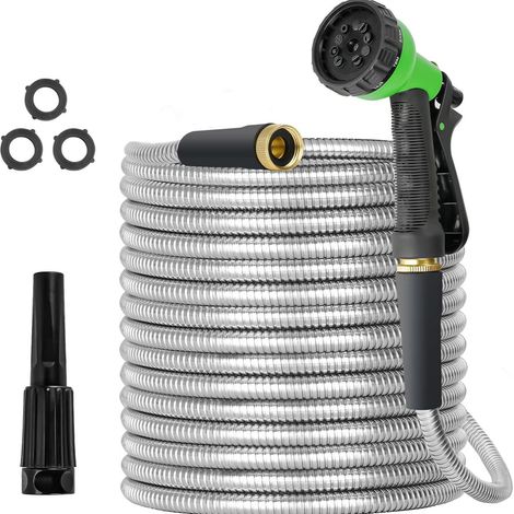 Tuyau Jardin Acier Inoxydable 15m (50ft) US Standard, Pistolet 8 Fonctions, Kit Lavage Auto Arrosage, Raccord Laiton 3/4" (1/4)