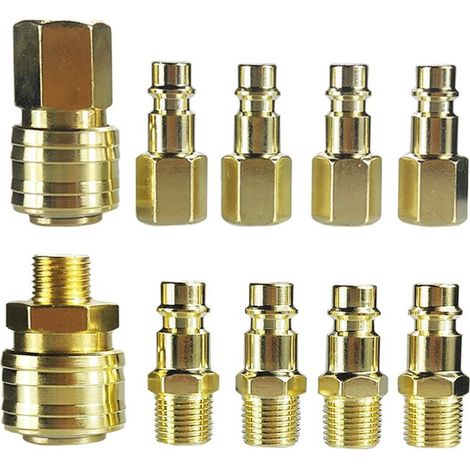 Set mit 10 pneumatischen Messingverschraubungen und -enden: Schnellkupplung (weiblich) mit 1/4'' BSP Innen-/Außengewinde, Verschraubung (männlich) mit 1/4'' BSP Innen-/Außengewinde, 8 mm Schlauch. (1/5)