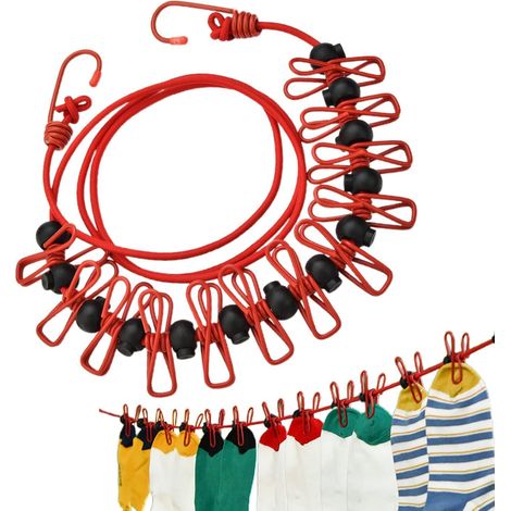 CCYKXACorde à linge  Corde à linge de camping – Lignes de séchage élastiques avec clips coupe-vent pour balcon, salle de bain, arrière-cour (1/5)