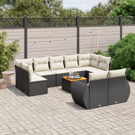 Ensemble Salon Jardin 10 Places Noir Résine Tressée avec Table Acacia et Coussins Crème - Mobilier Extérieur Modulaire avec Rangement (1/3)