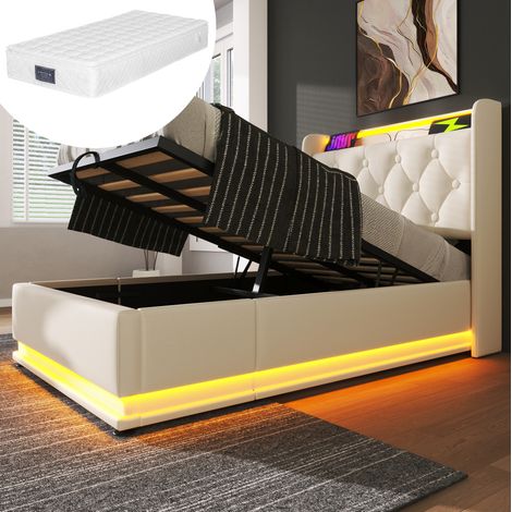 Letto singolo 220x104x104 cm bianco in PU con LED, contenitore e materasso (1/5)