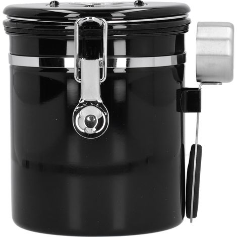 Bocal de conservation pour grains de café avec valve d'échappement et cuillère, pot hermétique noir pour cuisine et maison. (1/5)