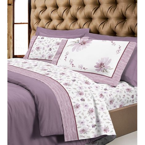Completo letto matrimoniale made in italy 100% morbida e calda flanella di cotone modello super Europa fantasia floreal Rosa - Matrimoniale