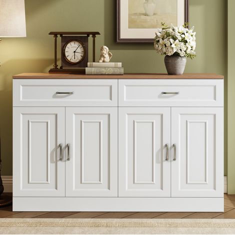 Aparador 120x35x80,5 cm con 4 puertas y 2 cajones, de madera, natural y blanco (1/5)