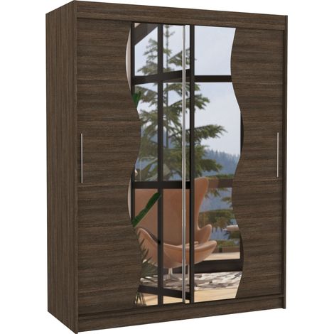 Armoire de chambre marron 2 portes coulissantes avec miroir Renka 150cm (1/5)