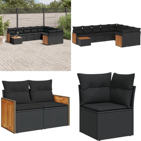 10-tlg. Garten-Sofagarnitur mit Kissen Schwarz Poly Rattan - Gartenmöbel Set - Rattan Möbel - Outdoor Lounge - Esstisch - Sofas - Home & Living (1/5)