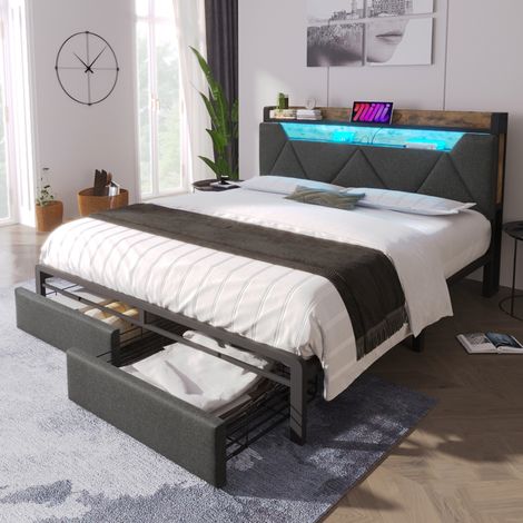 Upholstered Double Bed with LED Lighting, USB Type-C Charging Function, Storage Headboard and Drawers, 4ft6 Double Bed 135 x 190 cm, Storage Bed Frame with Metal Slatted Frame,Linen, Grey(No Mattress)