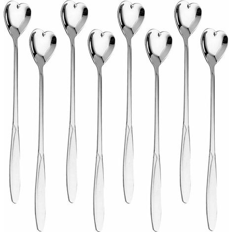 Lot de 8 cuillères en acier inoxydable 304 pour café, thé, dessert, boisson, milkshake (8 pièces en forme de cœur argenté) (1/5)