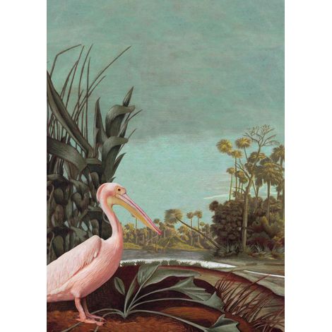 papier peint panoramique paysage tropical turquoise grisé, marron, vert foncé et rose clair  - ESTAhome (1/5)
