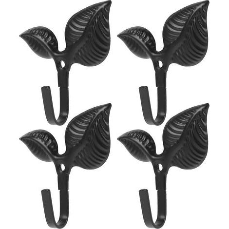 Lot de 4 crochets muraux en fer forgé rustique, style feuille, avec patère décorative en métal.-7.50X7.00X2.40CM-Black (1/3)