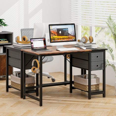 Bureau de 120 Cm Poste de Travail Informatique Moderne avec 2 Tiroirs Crochet de Suspension Étagère de Rangement Marron Rustique et Noir Maison Chic (1/5)