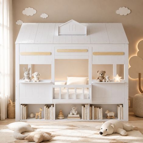 Letto a soppalco per bambini 90x200 cm in legno bianco, salvaspazio FloraGrace (1/5)