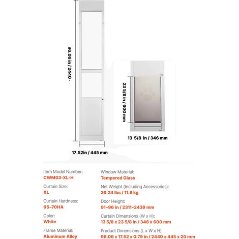 Puerta corredera de cristal para perros, altura regulable, diseño con cierre de seguridad, XL 231,1-243,9 cm de altura. (1/2)