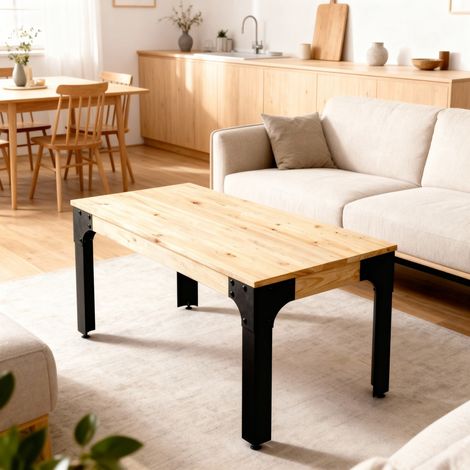 Mesa de centro Boston 120x80x46cm estilo industrial en madera de pino natural y acero negro BoxFurniture