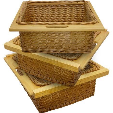 Cestelli Estraibili in Vimini per Cucina Cassetti Organizzazione Credenza Cesto in Vimini con Telaio e Binari in Legno di Faggio per Dispensa da 60cm Organizza Unità 60 cm con Viti GRATIS - 3 Cesti