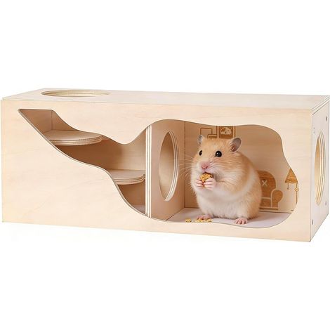 Hamsterhaus aus Holz mit Tunnel und 2 Kammern, Höhlenspielzeug für Kleintiere, Hamsterzubehör für Zwerghamster, Goldhamster, Rennmäuse, Igel, Ratten und Mäuse (1/5)