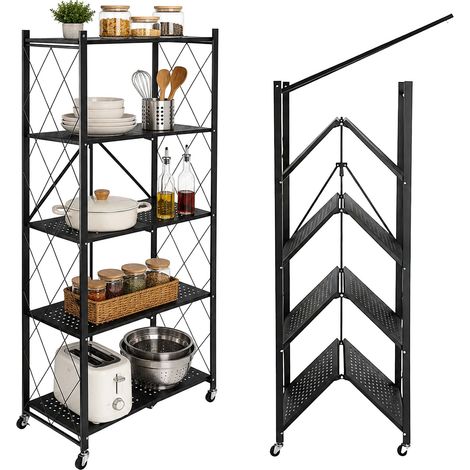 Relaxdays scaffale pieghevole in acciaio nero, 5 ripiani, fino a 125 kg, HxLxP: 159x71x34 cm, con ruote e freni (1/5)