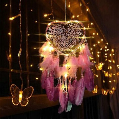 LED-Traumfänger, handgefertigter Feder-Traumfänger, leuchtender Traumfänger fürs Schlafzimmer, Wanddekoration, dekoratives Mobile, Geschenk für Mädchen und Kinder