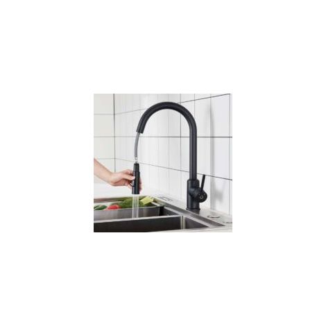 Küchenarmatur mit Ausziehbrause – Schwarz – 360° drehbare Edelstahl-Küchenarmatur – 2 Wasserauslaufmodi – Crezuo (1/4)