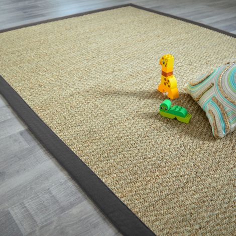 Décoweb – Tapis jonc de mer 160 x 230 cm – Ganse coton anthracite – Résistant à l'usure et aux taches – Convient pour chambre et entrée (1/5)