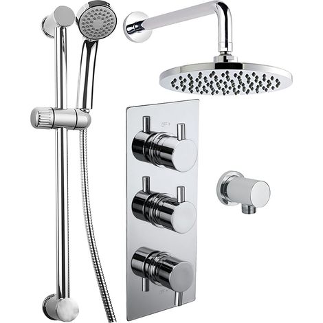 Round Twin Head Wall Concealed Thermostatic Shower Valve Set with Riser Kit - Chrome