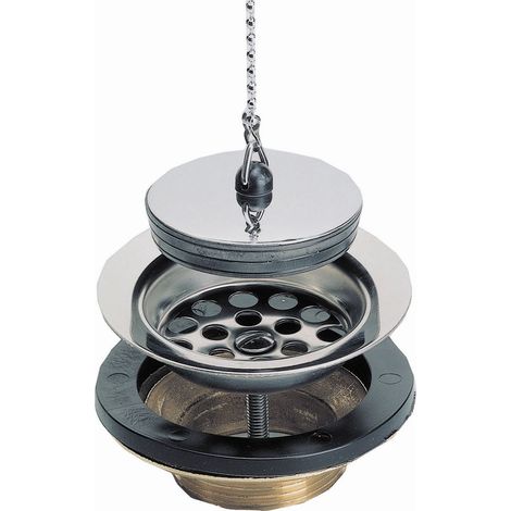 Nicoll – Bonde évier laiton à bouchon Ø84 – Sortie 1 1/2" – Plateau inox – Chaînette perlée 28cm avec piton d'attache