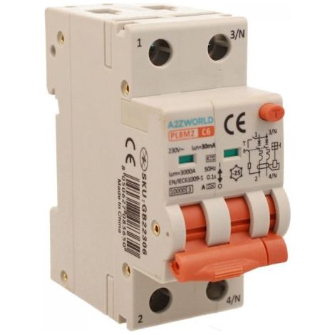 RCBO Interruttore Magnetotermico Differenziale Con Doppia Leva Tipo A Curva C 2P 2M 6000A 30mA, Diagnostica Visiva, C6A  AC 230V IP20 IEC61009-1 PL8M2 GB65306