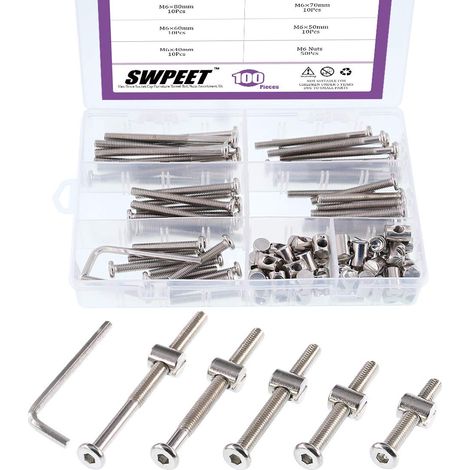 100 pcs Corps Boulon Écrous kit, en acier M6 × 40/50/60/70/80 mm Douille hexagonale capuchon meubles Corps Vis Boulon Écrous Assortiment kit avec 1 x Clé Allen pour meubles (1/5)