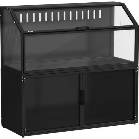 Cage pour hamster syrien et souris 2-en-1 avec meuble de rangement, en acier noir et acrylique transparent, espace de vie et stockage combiné. (1/5)