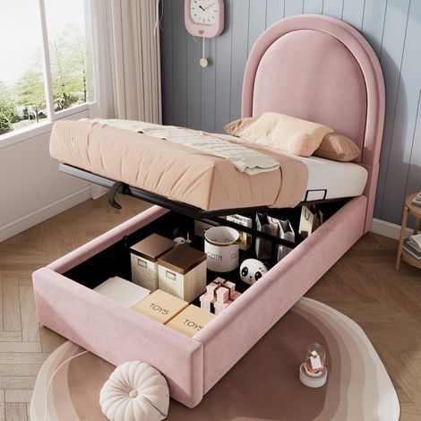 Cama tapizada con almacenaje hidráulico rosa 90x200 OKMYHOME (1/5)