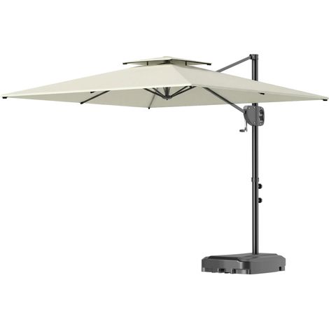 Parasol déporté carré 2,5 x 2,5 m, parasol de jardin extérieur, Double Toit, inclinable, 2 bases, manivelle, Crème (1/5)