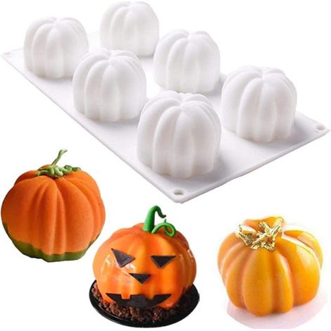 Stampo in silicone 3D a forma di zucca con 6 cavità per Halloween, cupcake, cioccolato, pasta di zucchero, caramelle, 295×175×45 mm (1/5)