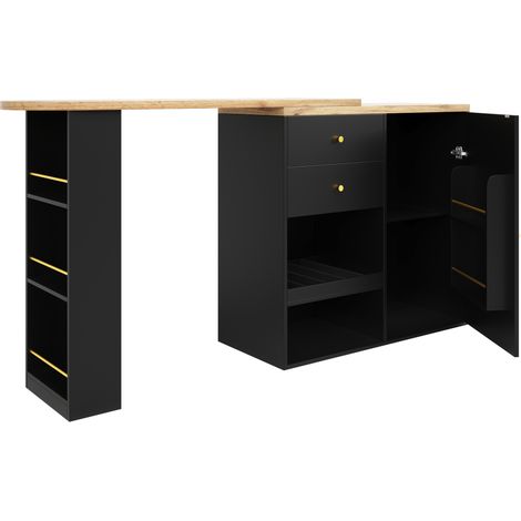 Scrivania bar girevole a L in MDF nera con 2 cassetti e mobile scorrevole (1/5)