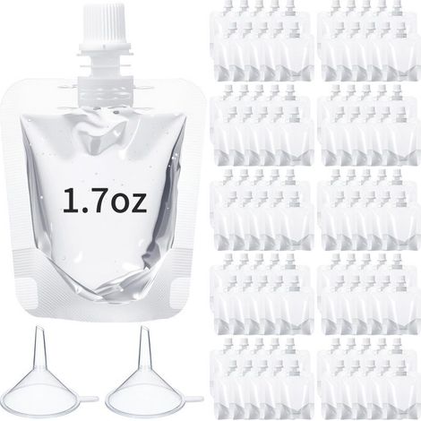 100 sachets en plastique jetables pour boissons, contenant 50 ml (1,7 oz) de sauces et de jus, transparents et étanches, pour les voyages. (1/5)