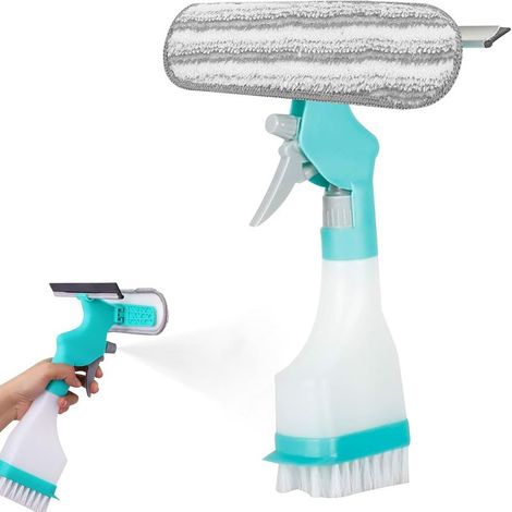 4 en 1 Raclette à Vitres 26cm & Nettoyeur Pulvérisateur avec Balai Microfibre Antirayures, Bouteille de 250ml, Kit Lave vitres pour Cuisine, Salle de Bain, Carrelage, Voiture, Miroir & Maison (1/5)