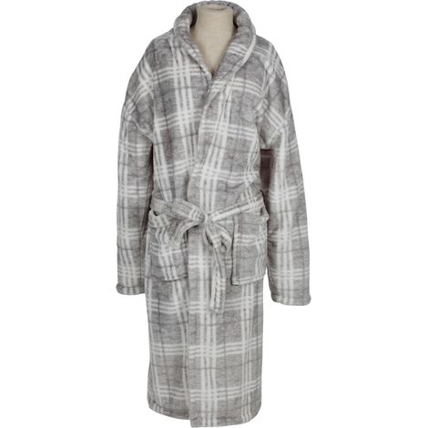 Mikrofaser Damen-Bademantel S/M L/XL pink grau kariert Morgenmantel Saunamantel - grau kariert, S/M (1/2)