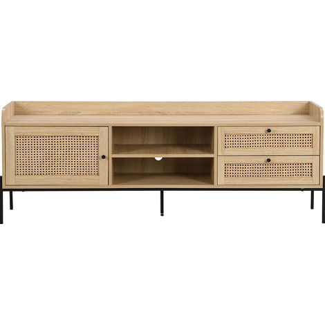 Meuble TV 1 porte 2 tiroirs en cannage naturel et effet chêne 160 cm - Iris (1/5)