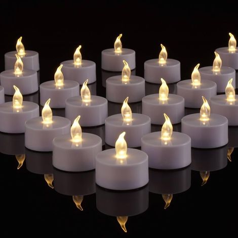 Lot de 12 bougies chauffe-plat LED (piles CR2032 incluses), flamme réaliste, plus de 200 heures d'autonomie, sans feu, pour mariages, fêtes, maison, jardin, terrasse - Lumière blanc chaud