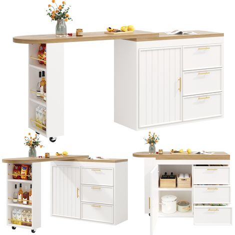 Tavolo da bar estensibile 128-203 cm in MDF bianco girevole a 360° con contenitore - CHICFURN (1/5)