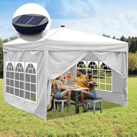 Jiubiaz Tenda Tenda da giardino Tendone facile da agganciare con protezione UV Padiglione multiuso Riunioni di famiglia Padiglione da giardino 3x3m Bianco con luce a led solare