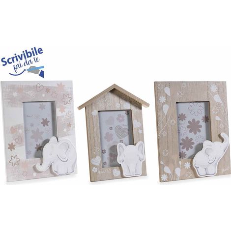 Portafoto con decori a forma di elefantini in legno, set da 3 pezzi, cm 19 x 24 H
