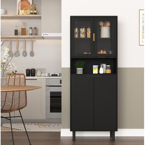 Aparador alto 60x35x160 cm con puerta de vidrio y estante ajustable, 4 puertas, almacenamientos abiertos, para salón y dormitorio, en MDF laqueado, negro (1/5)