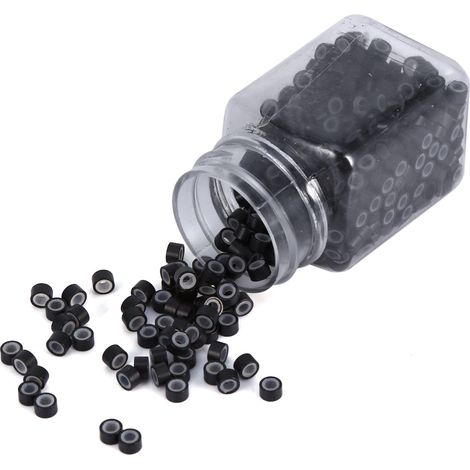 Lot de 500 perles de liaison pour extensions de cheveux, tubes à sertir en silicone noir, outil professionnel de fixation (1/2)