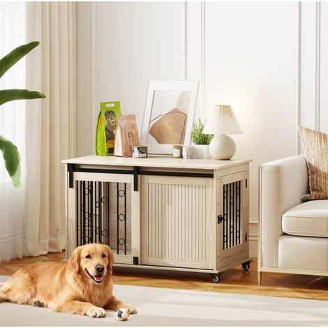 Gabbia per cani su ruote, porta scorrevole, 100 x 56 x 65 cm, legno e acciaio DESVIAE (1/5)